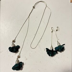 Matching earrings and necklace satin flowers. Adjustable necklace